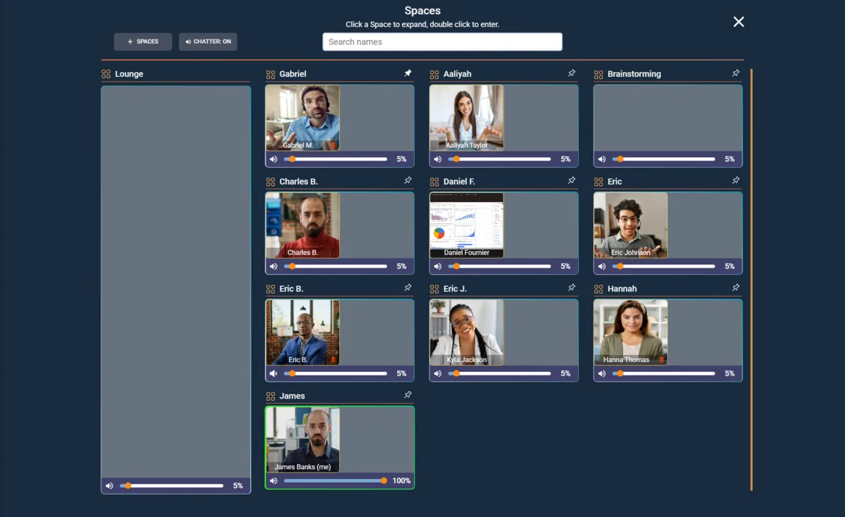 Kino Live Spaces panel showing a remote team spread across rooms like Lounge and Brainstorming, each person visible on video