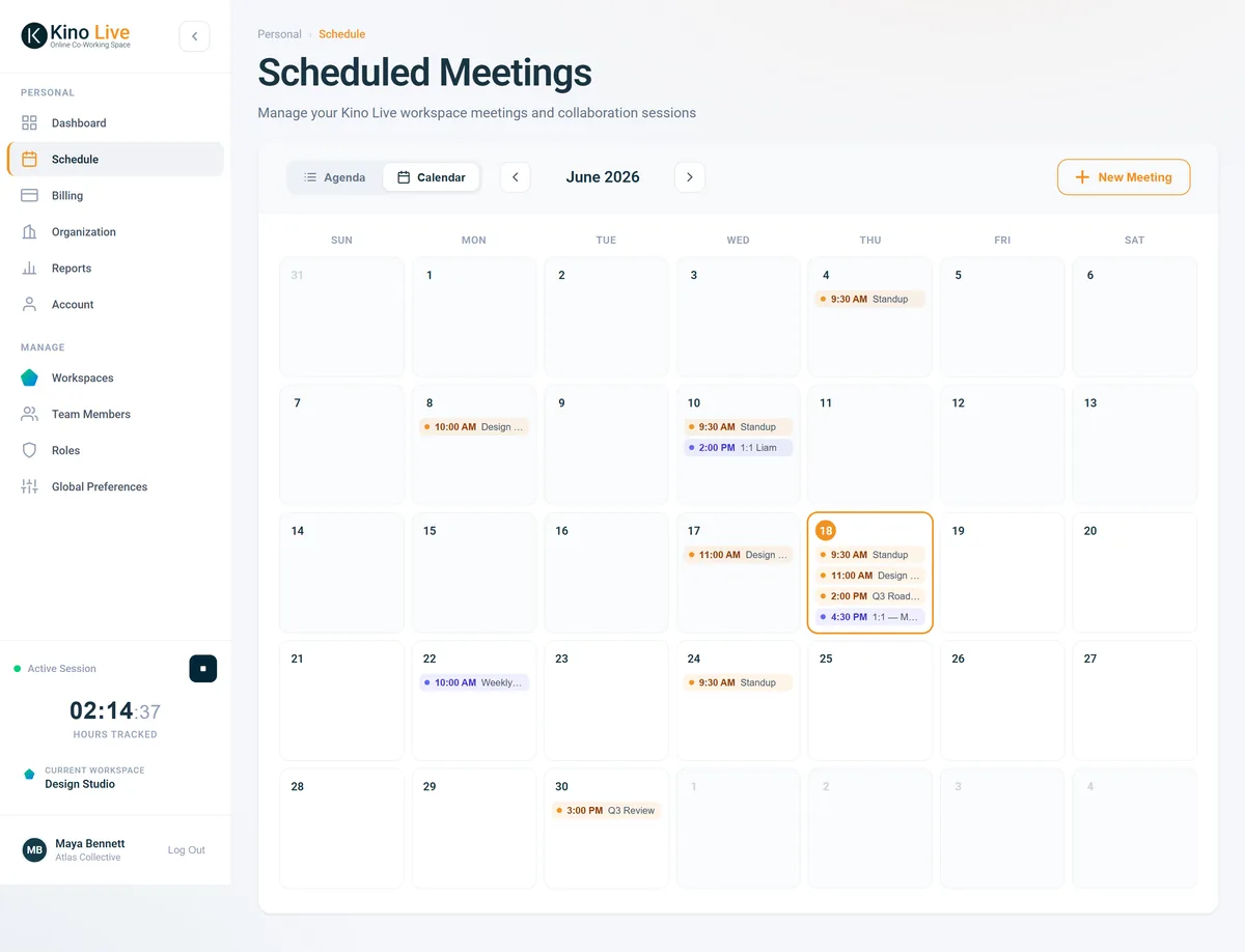 Kino Live scheduling calendar showing meetings across the month
